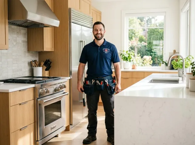 Appliance Repair Hero technician in a Belvidere Center, VT kitchen after an appliance repair