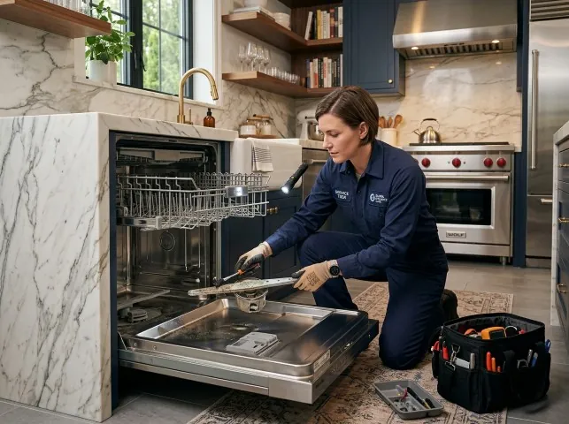 Appliance Repair Hero technician servicing a built-in dishwasher in a Belvidere Center, VT kitchen