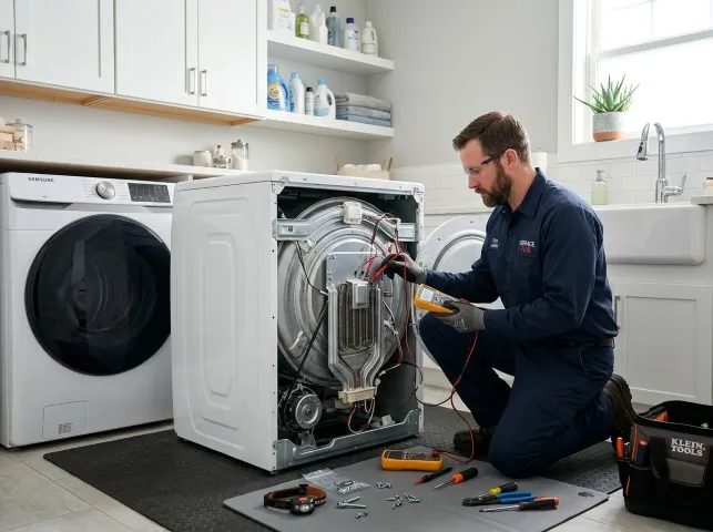 Appliance Repair Hero technician checking a dryer heating element with the rear panel off in Belvidere Center, VT