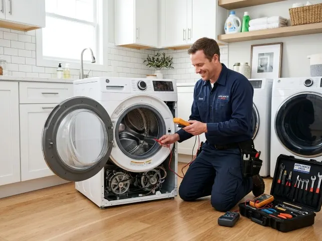 Appliance Repair Hero technician testing a front-load washer with a multimeter on a Belvidere Center, VT service call